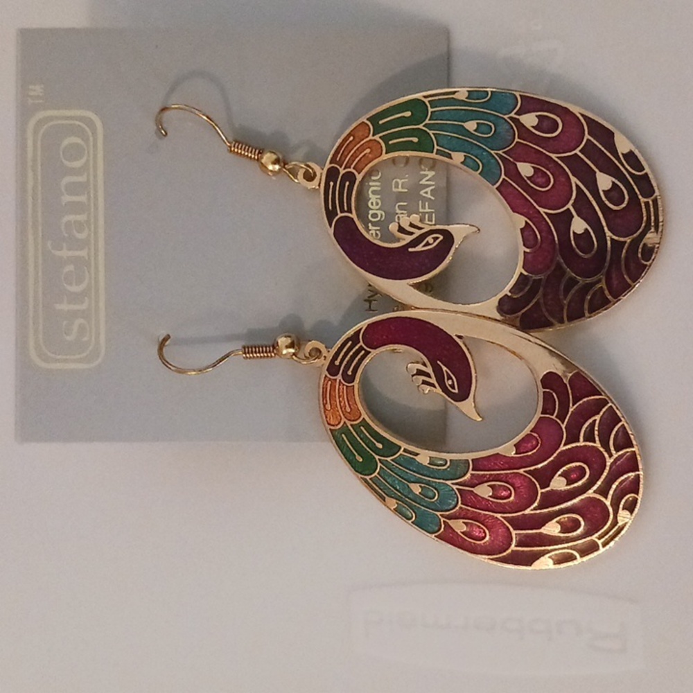 Peacock Gold and Red Dangle Earrings